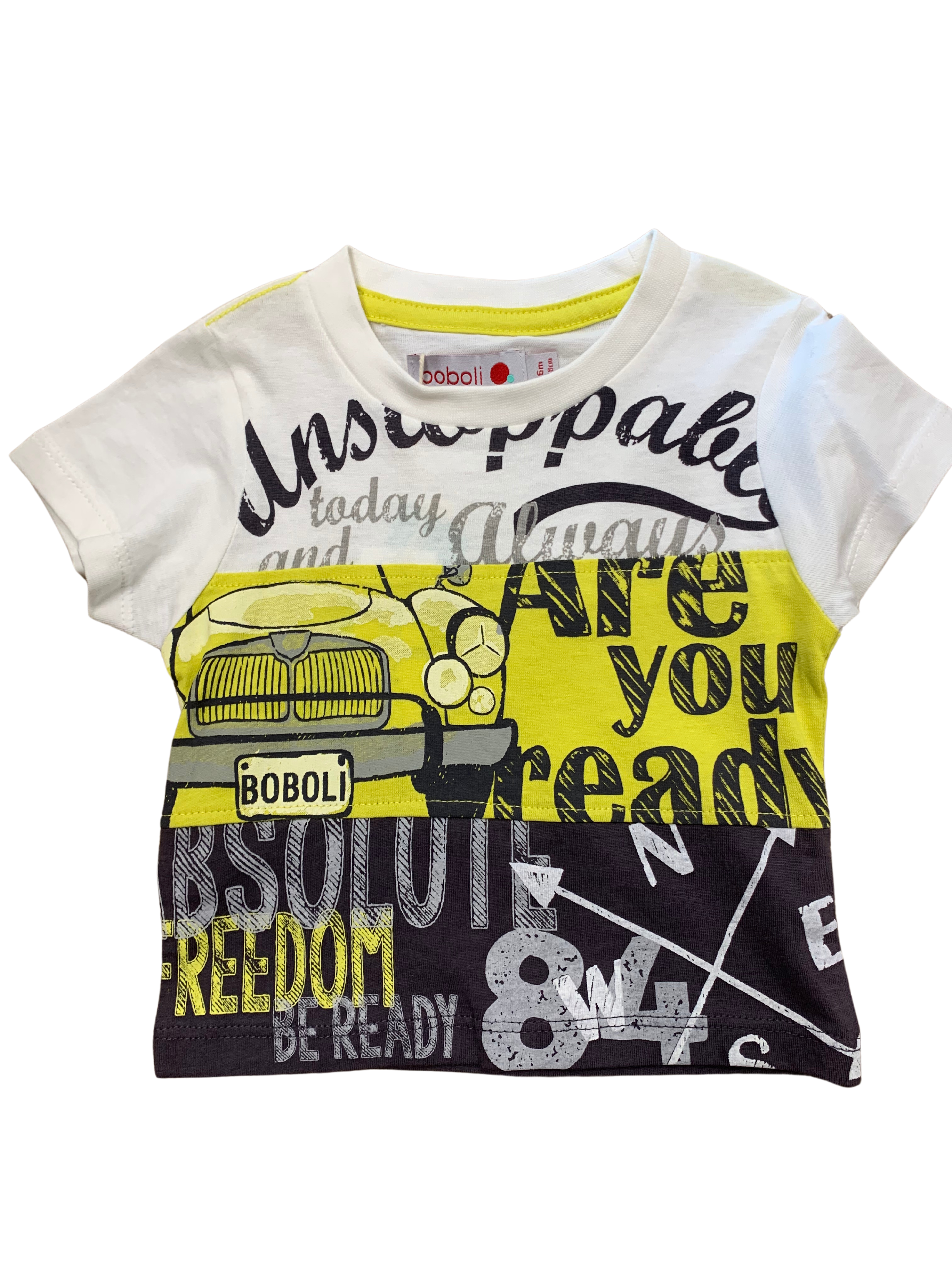 Boboli - Chandail manches courtes blanc voiture jaune (9 mois)