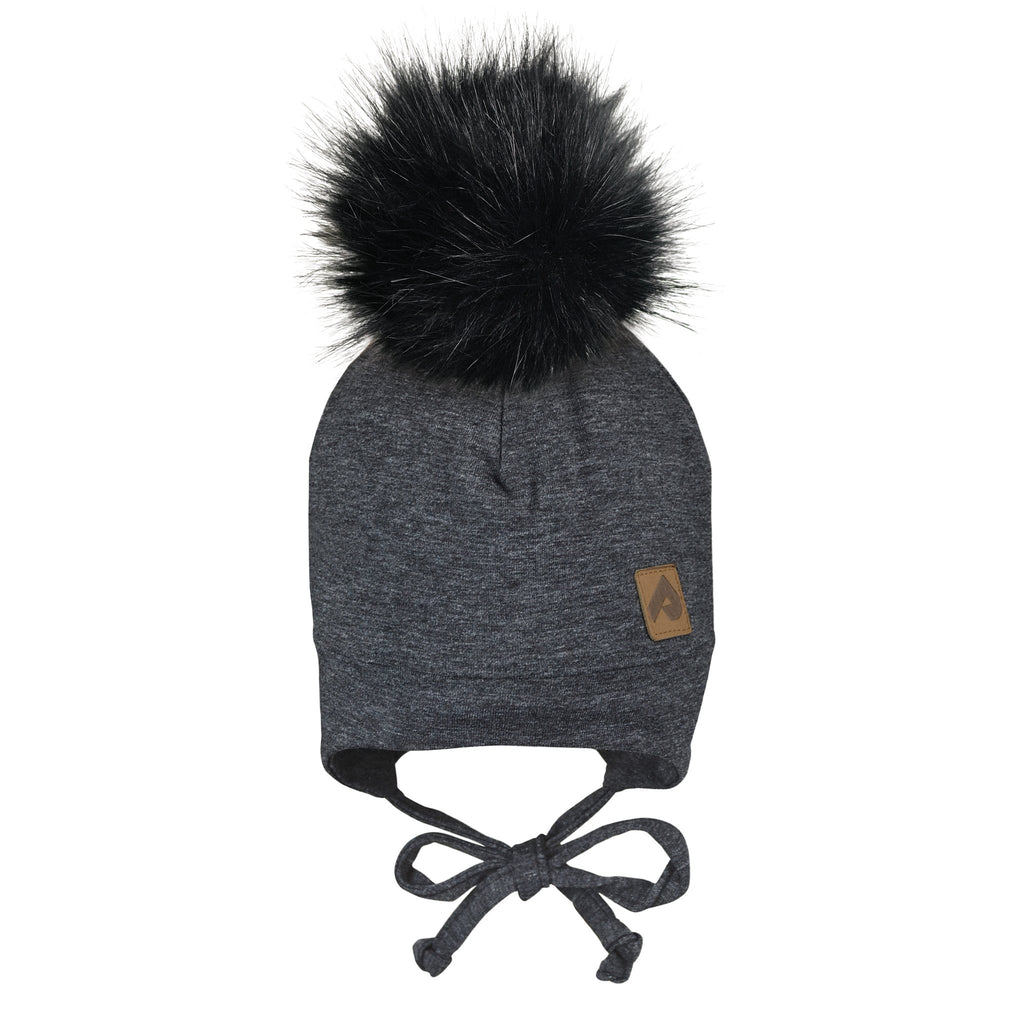 Perlimpinpin - Tuque avec oreilles et pompon, noir chiné, 0-6 mois