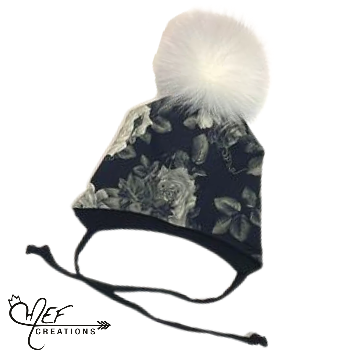 Créations MEF - Tuque doublée pour l’hiver avec attache - Fleuris noir kaki