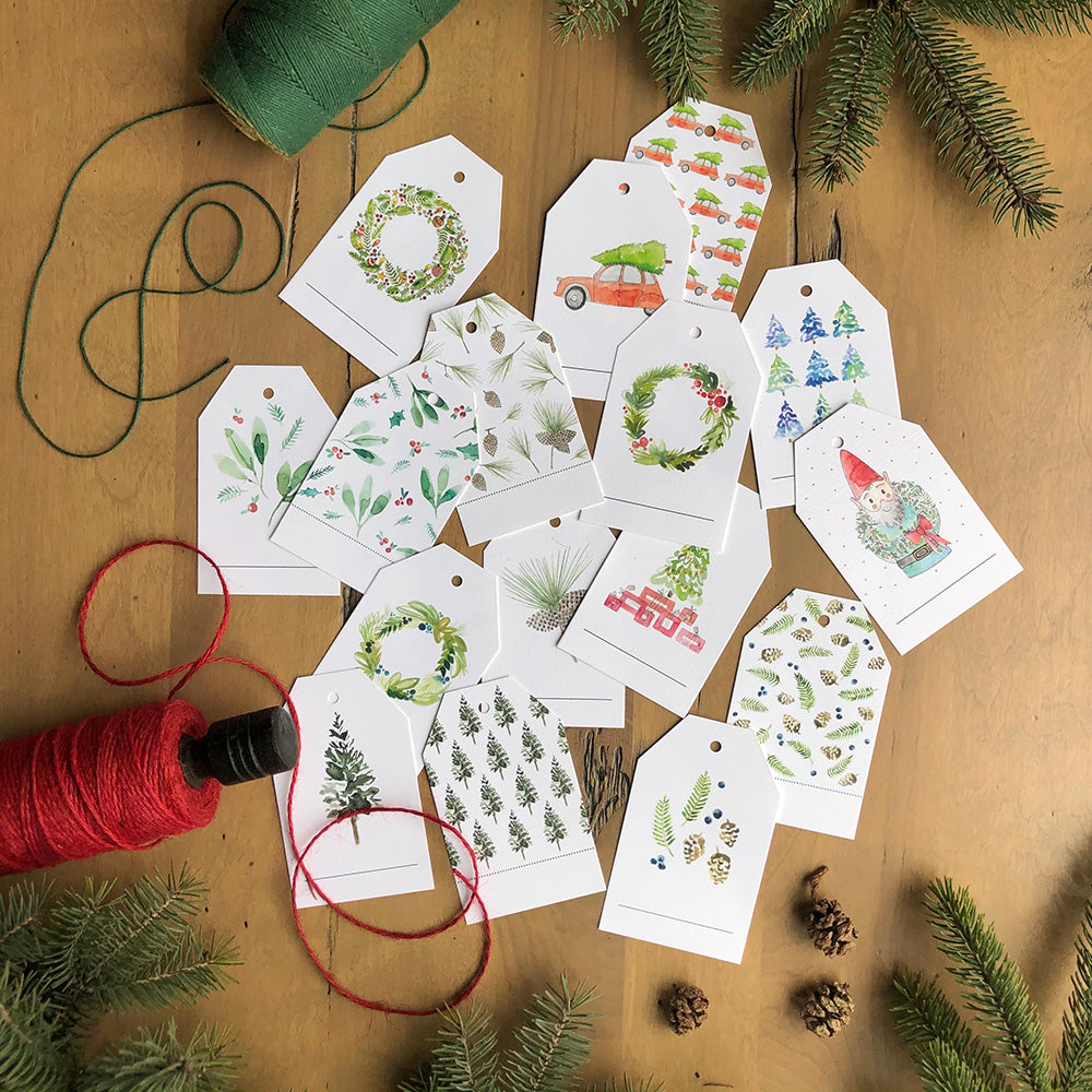 Stéphanie Renière -  16 étiquettes-cadeaux assorties, aux motifs de la collection des fêtes. Papier effet 'linen'. 2,5 po x 4 po